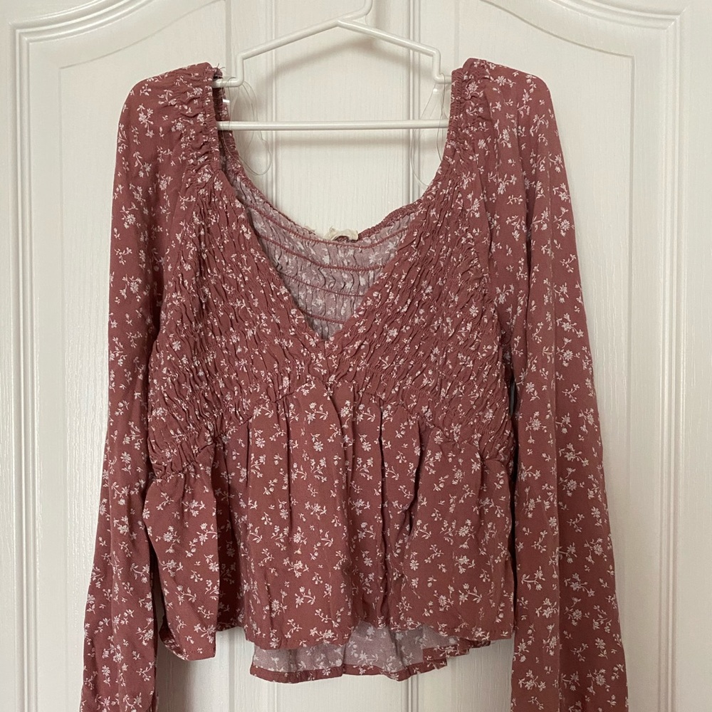 LA Hearts floral dusty rose ribbed shirt
